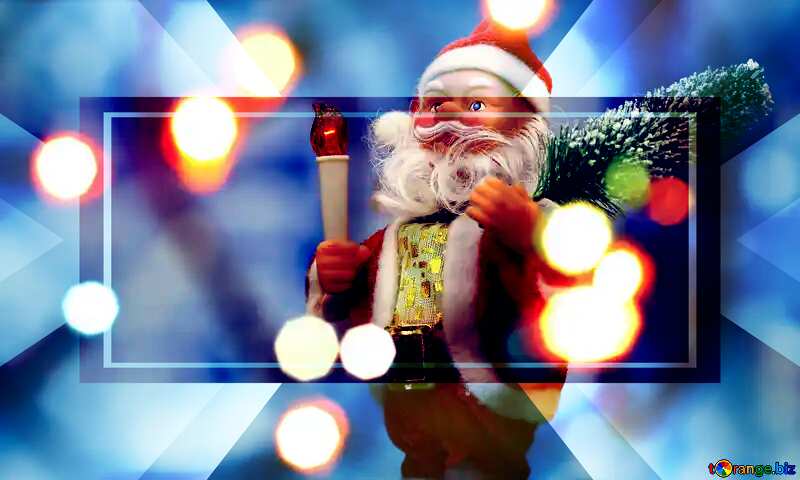 Santa Claus toy brings Christmas tree at blue snowy night bokeh background and blurred lights foreground. Red lantern torch to light the way. Big Copyspace concept New Year`s market banner, poster.  powerpoint website infographic template banner layout design responsive brochure business №48162