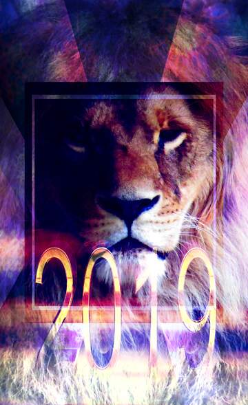 FX №188080  happy new year lion 2019 3d render gold digits with reflections dark background isolated...