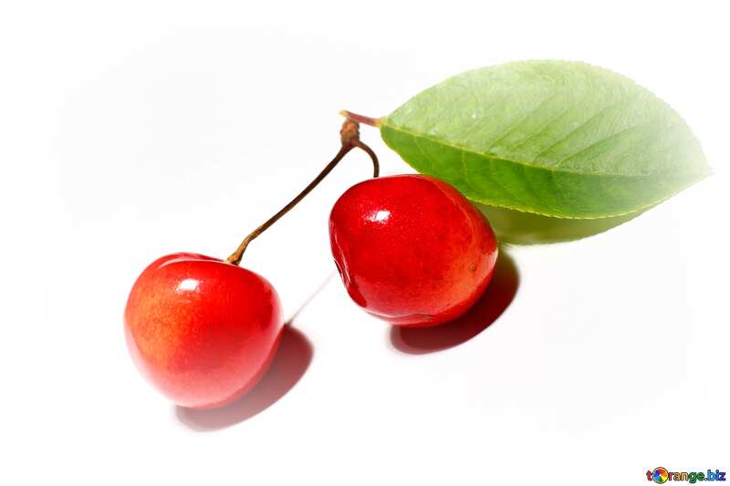 two cherries with leaf isolated on white background №33193