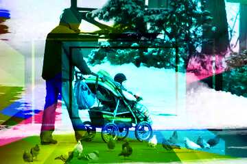 FX №192619 Walks with the baby in the stroller in the winter Colorful illustration template frame responsive