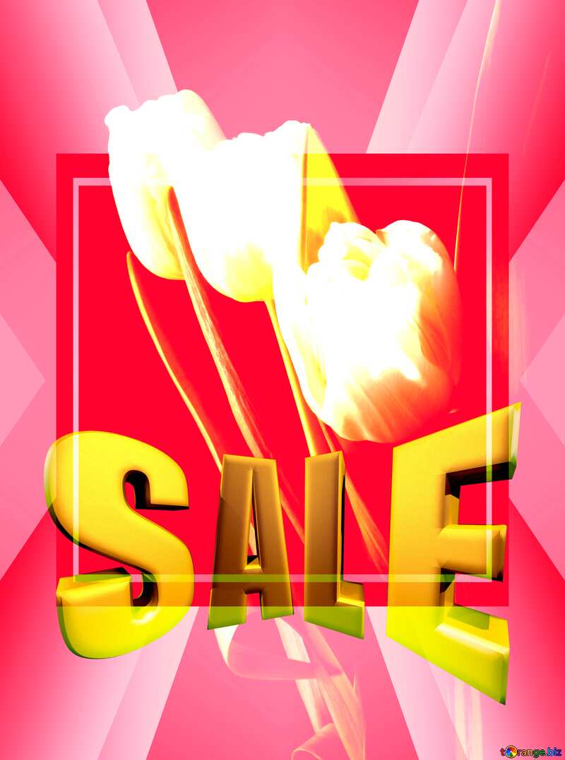 Tulips bouquet on a red background Sales promotion 3d Gold letters sale Template №46273
