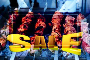 FX №198002 Shish kebab is fried on the grill Sales promotion 3d Gold letters sale background Template