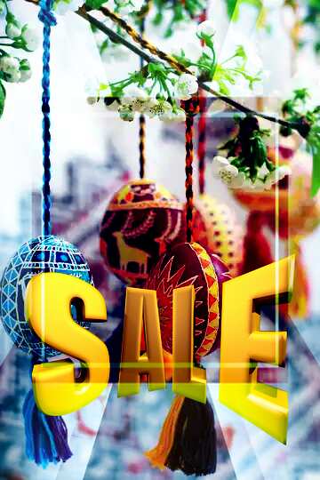 FX №198521 Easter eggs hanging on tree Sales promotion 3d Gold letters sale background Template