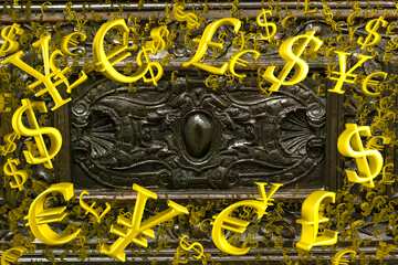 FX №199746 Antique furniture carved texture pattern Gold money frame border 3d currency symbols business...