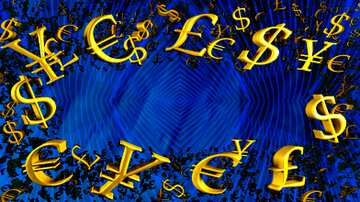FX №199643  Gold money frame border 3d currency symbols business template Blue Futuristic Rendering background