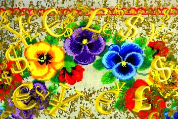 FX №199715  Embroidered flowers fabric pattern Gold money frame border 3d currency symbols business template