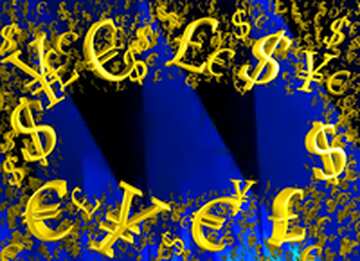FX №199669  Futuristic Blue Glow pattern Gold money frame border 3d currency symbols business template