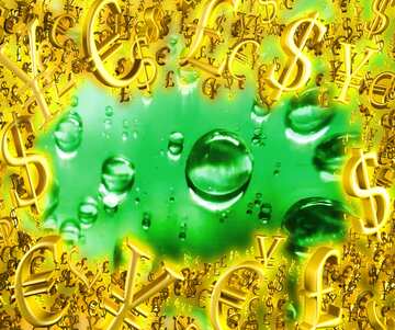 FX №199909  Raindrops green background Sale offer discount template Gold money frame border 3d currency...