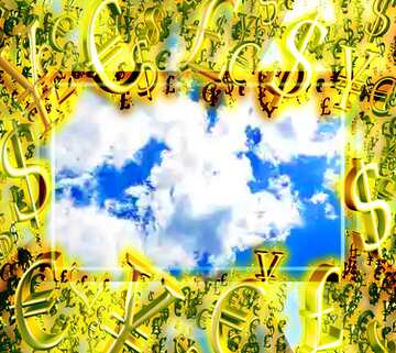 FX №200288 Sun and clouds Gold money frame border 3d currency symbols business template Background