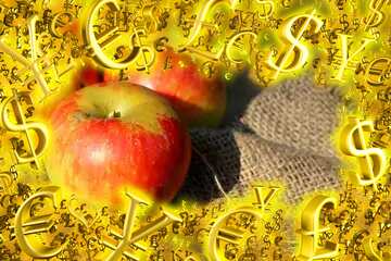 FX №200252  Background with apples Sale offer discount template Gold money frame border 3d currency symbols...