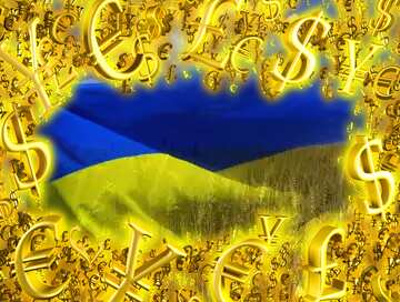 FX №200251  Ukraine Flag background Sale offer discount template Gold money frame border 3d currency symbols...