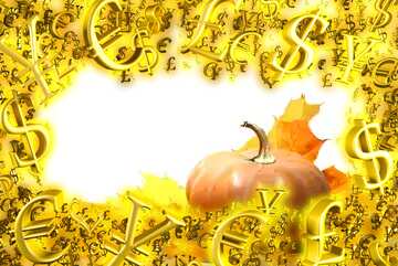 FX №200209  Pumpkin with autumn leaves no background Sale offer discount template Gold money frame border 3d...