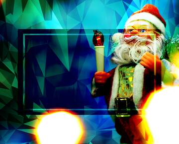 FX №203625 Santa Claus toy brings Christmas tree at blue snowy night bokeh background and blurred lights...
