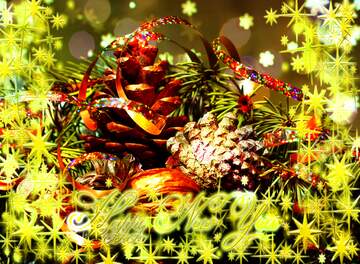 FX №210526 Christmas background with natural ornaments Frame gold Happy New Year stars 3d