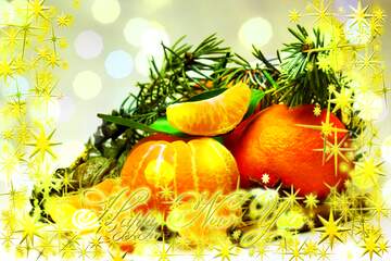 FX №210521 Christmas mandarins in the composition Frame gold Happy New Year stars 3d
