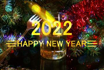 FX №212283 Shiny happy new year 2022 background Russian vodka and pickle on fork