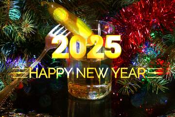 FX №212283 Shiny happy new year 2025 background Russian vodka and pickle on fork