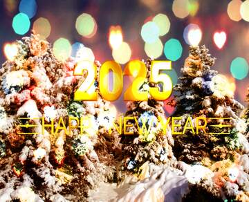 FX №212735 Pine Tree Forest Snow  sun  Shiny happy new year 2025 background