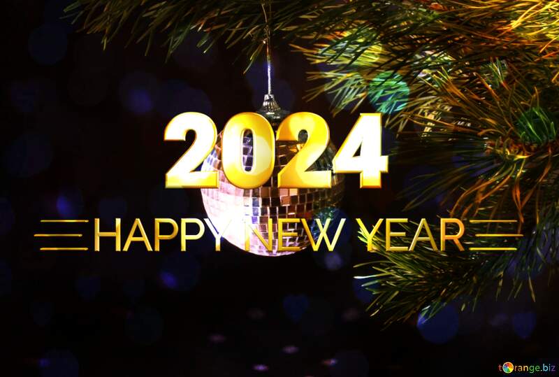 Mirror sphere on pine branch shiny happy new year 2024 background №2372