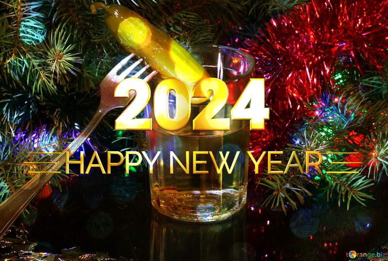 Shiny happy new year 2024 background Russian vodka and pickle on fork №2758