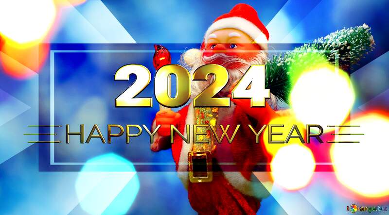 Santa Claus toy brings Christmas tree at blue snowy night bokeh background and blurred lights foreground. Happy New Year 2024 №48164