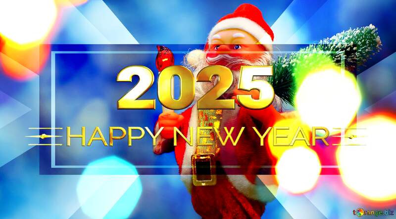 Santa Claus toy brings Christmas tree at blue snowy night bokeh background and blurred lights foreground. Happy New Year 2025 №48164