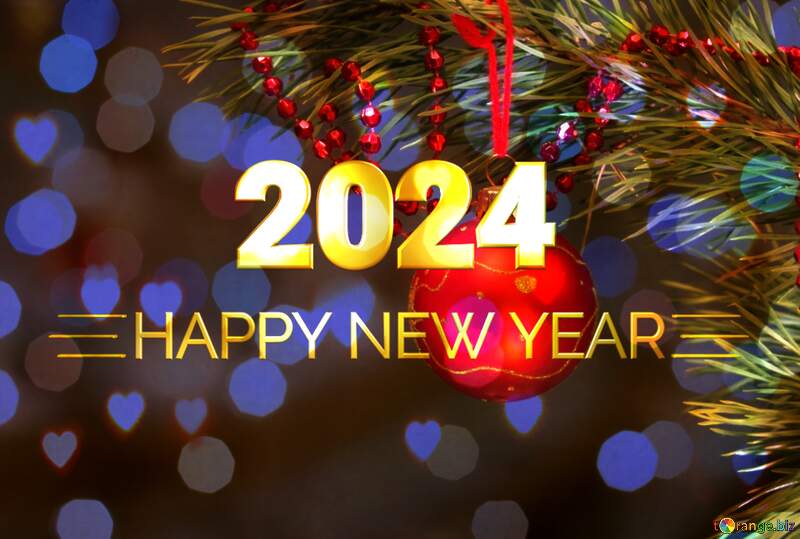New Year`s decorations on the pine branch Shiny happy new year 2024 background №2352