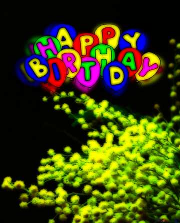 FX №213687 Happy birthday. Drawing cartoon style Air Balloons card Black Flowers Mimosa