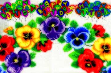 FX №213602 Pansy flowers embroidered on the fabric happy birthday card