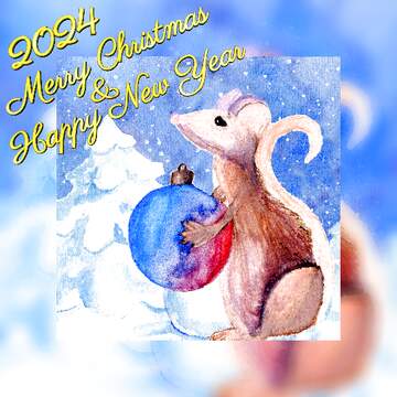 FX №213854 Merry Christmas and Happy New Year 2024  of the rat Chinese Snow forest watercolor paint card...