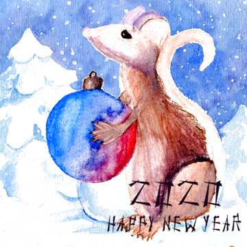 FX №213841 Chinese new year 2020 of rat Mouse Holds a gift in hands. watercolor card.
