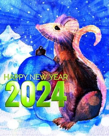 FX №213852 Chinese 2024 new year of the rat sunlight rays watercolor hobby card.