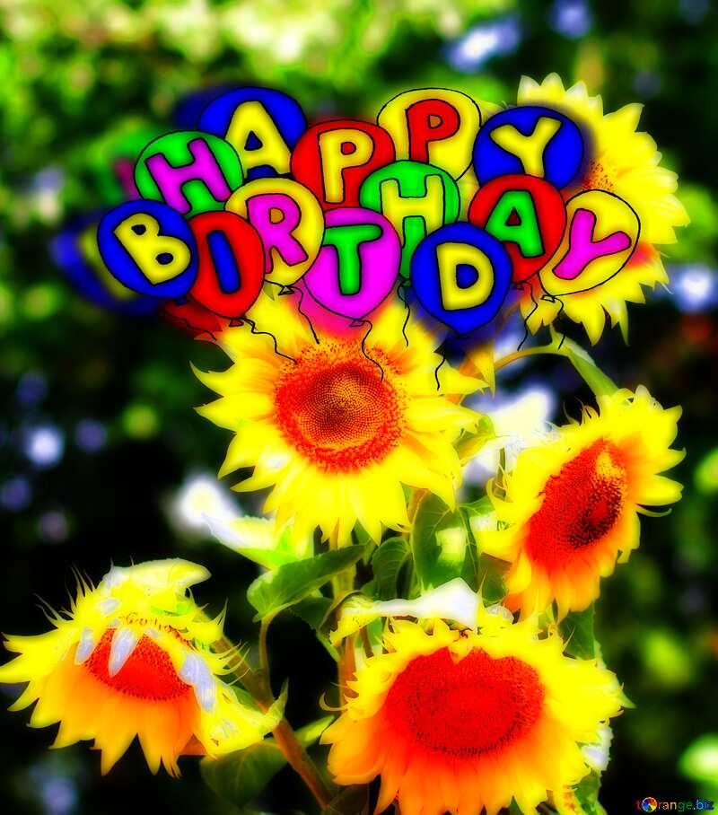 Happy birthday. Drawing cartoon style Air Balloons card Sunflowers bouquet №32701