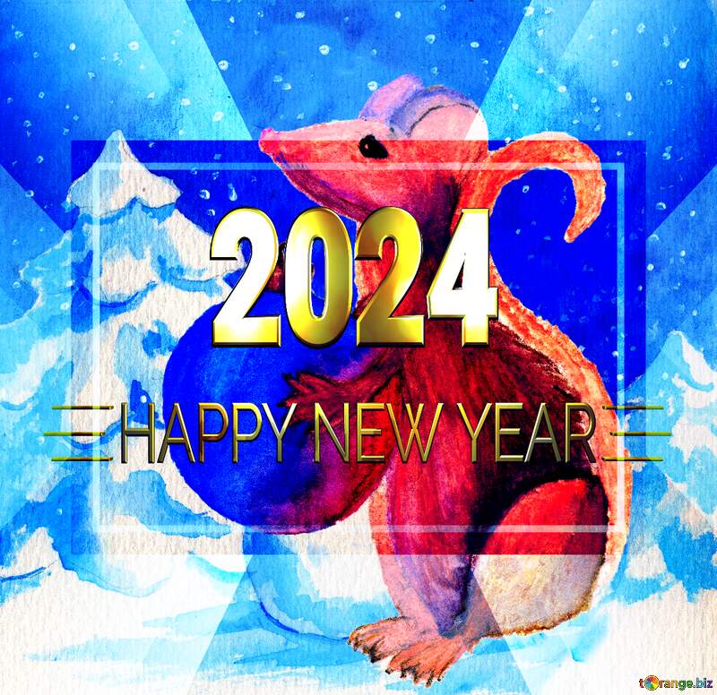 Chinese new year 2024 year of the rat   Christmas Snow forest background. Hand drawing painted watercolor hobby card. Winter sale of goods banner. Mouse Holds a gift in hands. gold banner 2024 Shiny happy new year 2024 №54497