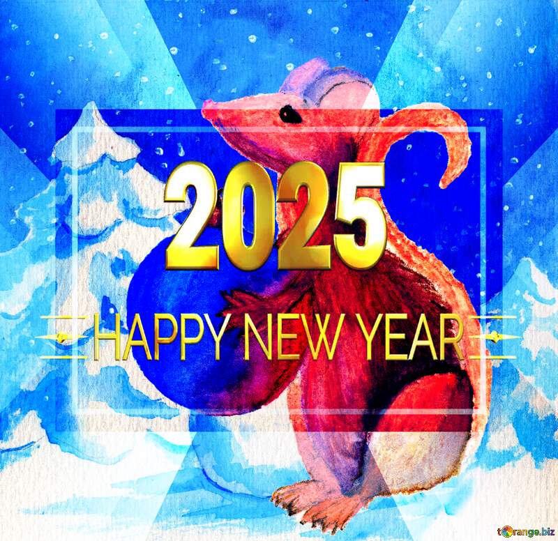 Chinese new year 2025 year of the rat   Christmas Snow forest background. Hand drawing painted watercolor hobby card. Winter sale of goods banner. Mouse Holds a gift in hands. gold banner 2025 Shiny happy new year 2025 №54497