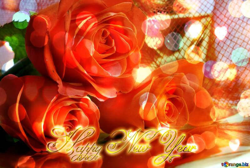 Bouquet  Roses Inscription text Happy New Year 3d gold big bokeh №7265