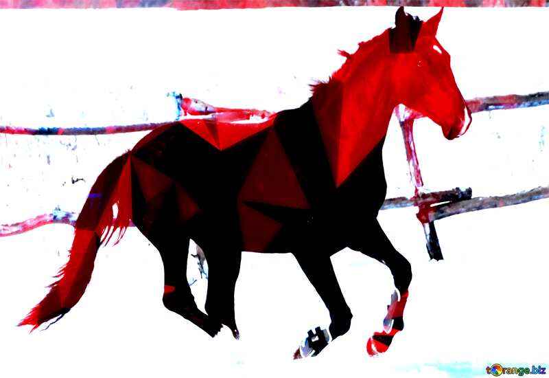 Black colt horse  galloping Polygonal red dark geometrical art №472