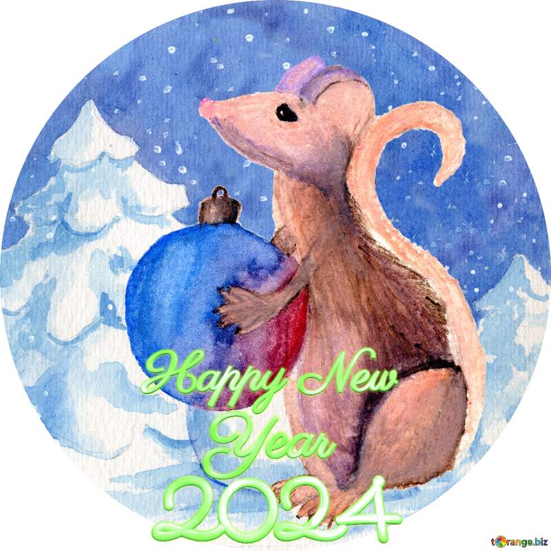 Chinese new year of the rat 2024 Hand drawing painted watercolor gift in hands. circle frame happy new year 2024 №54497