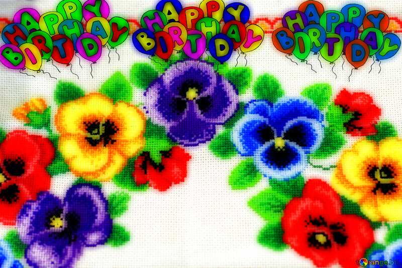 Pansy flowers embroidered on the fabric happy birthday card №49107