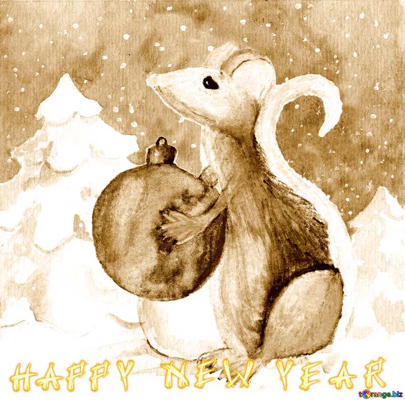Monochrome Chinese new year 2020 year of the rat   Christmas Snow forest background. Hand drawing painted watercolor hobby card. Winter sale of goods banner. Mouse Holds a gift in hands. №54497