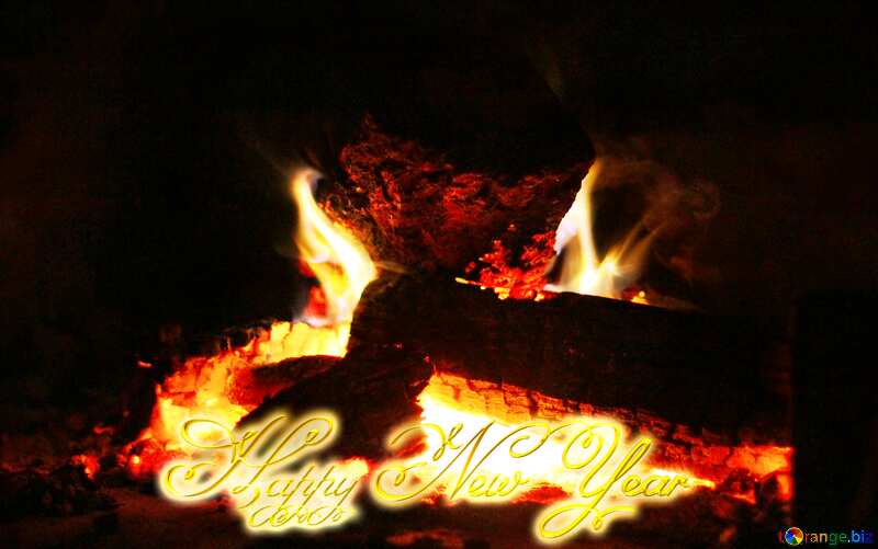 Fire burning in the fireplace Happy New Year 3d gold stars Christmas  background №34437