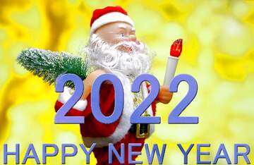 FX №216243 New Year`s card with cheerful Santa Claus toy brings Christmas tree at glow gold bokeh background....