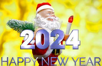 FX №216243 New Year`s card with cheerful Santa Claus toy brings Christmas tree at glow gold bokeh background....