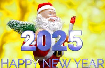 FX №216243 New Year`s card with cheerful Santa Claus toy brings Christmas tree at glow gold bokeh background....