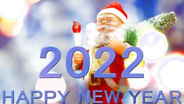 FX №216225 Santa Claus toy brings Christmas tree at blue snowy night bokeh background and blurred lights...