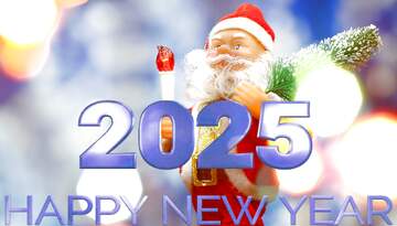 FX №216225 Santa Claus toy brings Christmas tree at blue snowy night bokeh background and blurred lights...