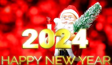 FX №216242 New Year`s card with Santa Claus toy brings Christmas tree at glow red bokeh background . Big...