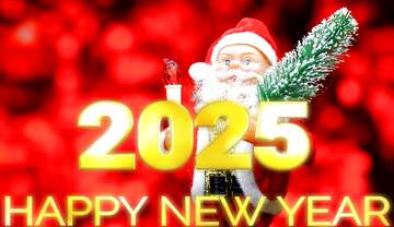 FX №216242 New Year`s card with Santa Claus toy brings Christmas tree at glow red bokeh background . Big...