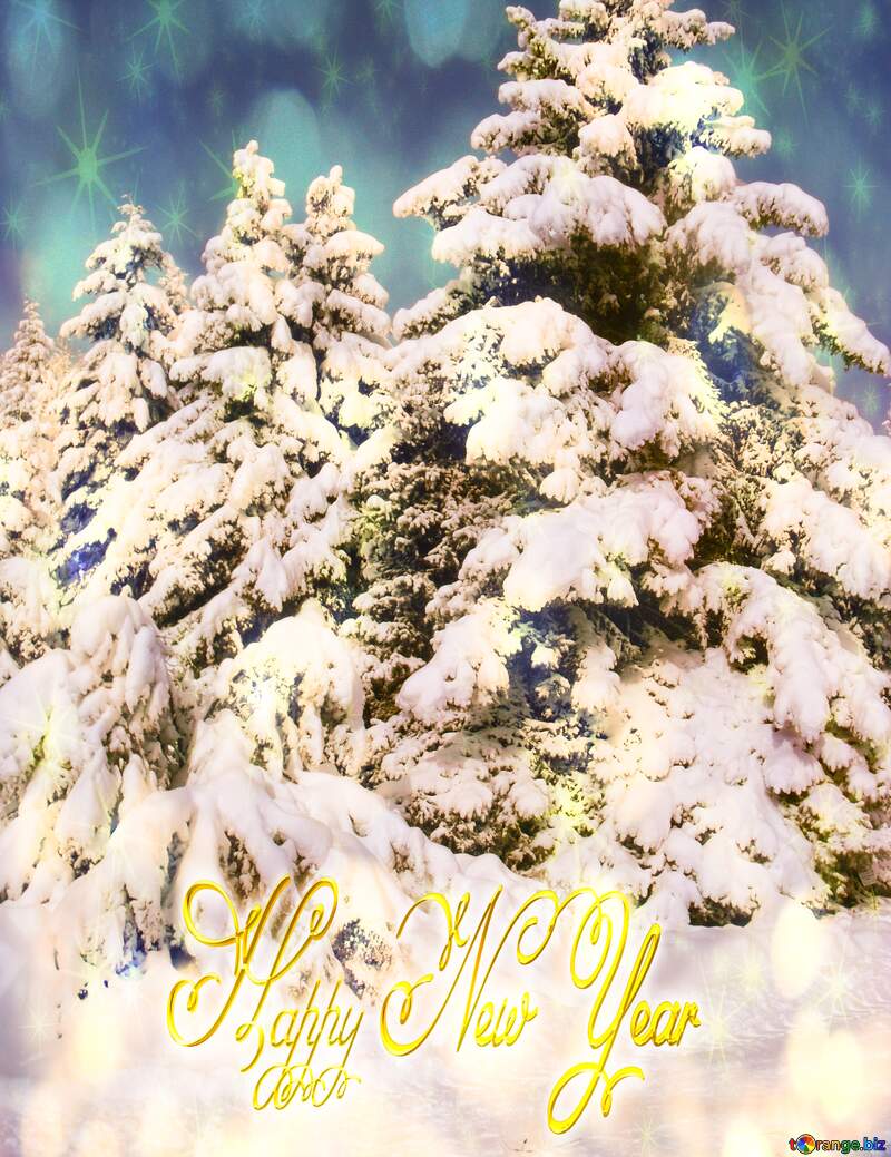 Snow forest Trees  Happy New Year twinkling stars background №10520