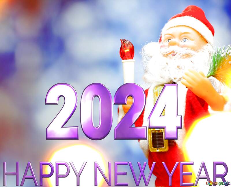 Santa Claus toy brings Christmas tree at blue snowy night bokeh background and blurred lights foreground. Happy New Year 2024 №48159